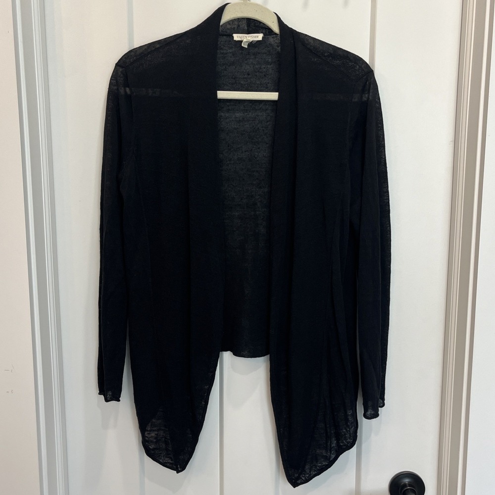 Eileen Fisher Organic Linen Lightweight Open Knit Cardigan Career Black Size XS